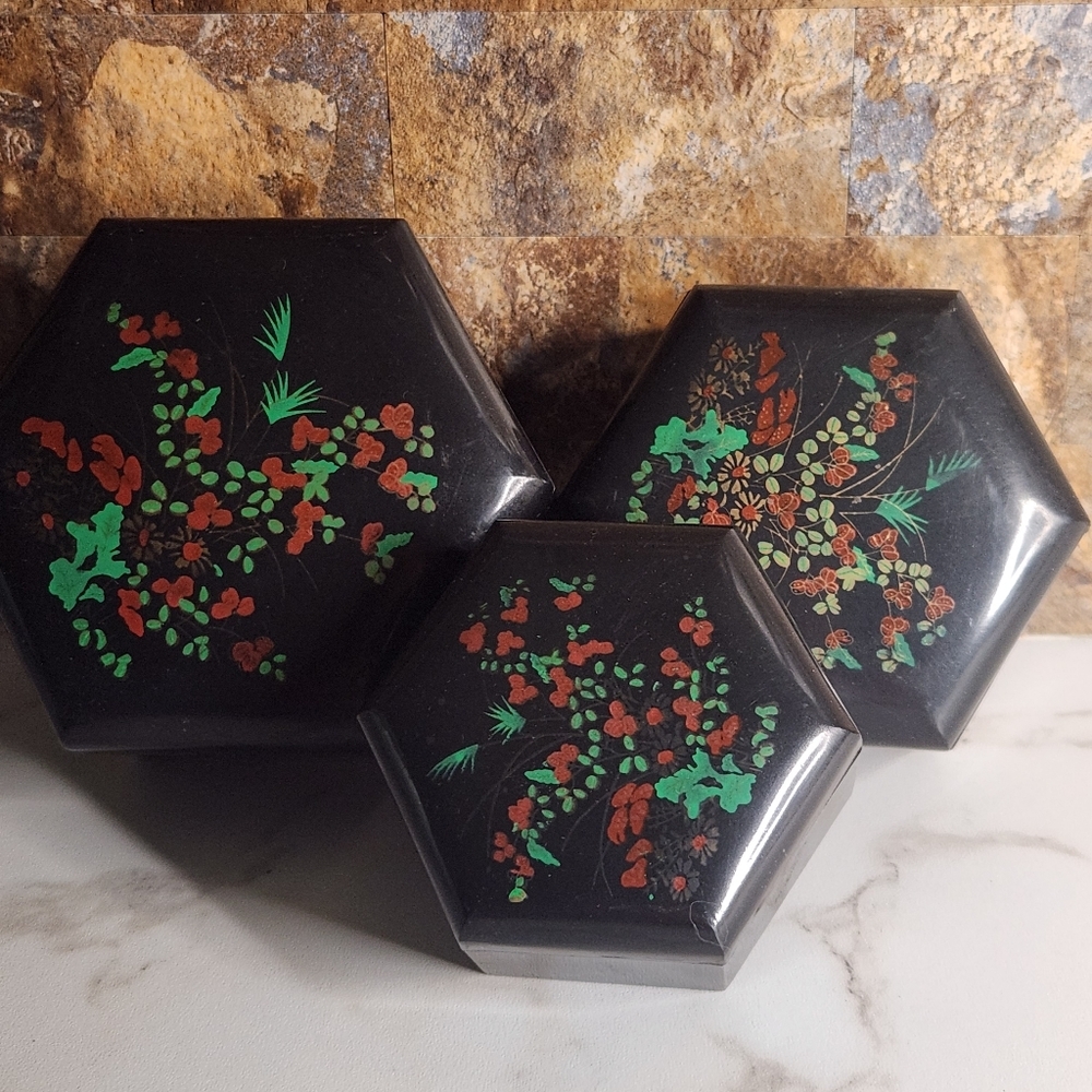 2/$30 Set of 3 Vintage black with floral hexagon nesting jewelry or trinket box